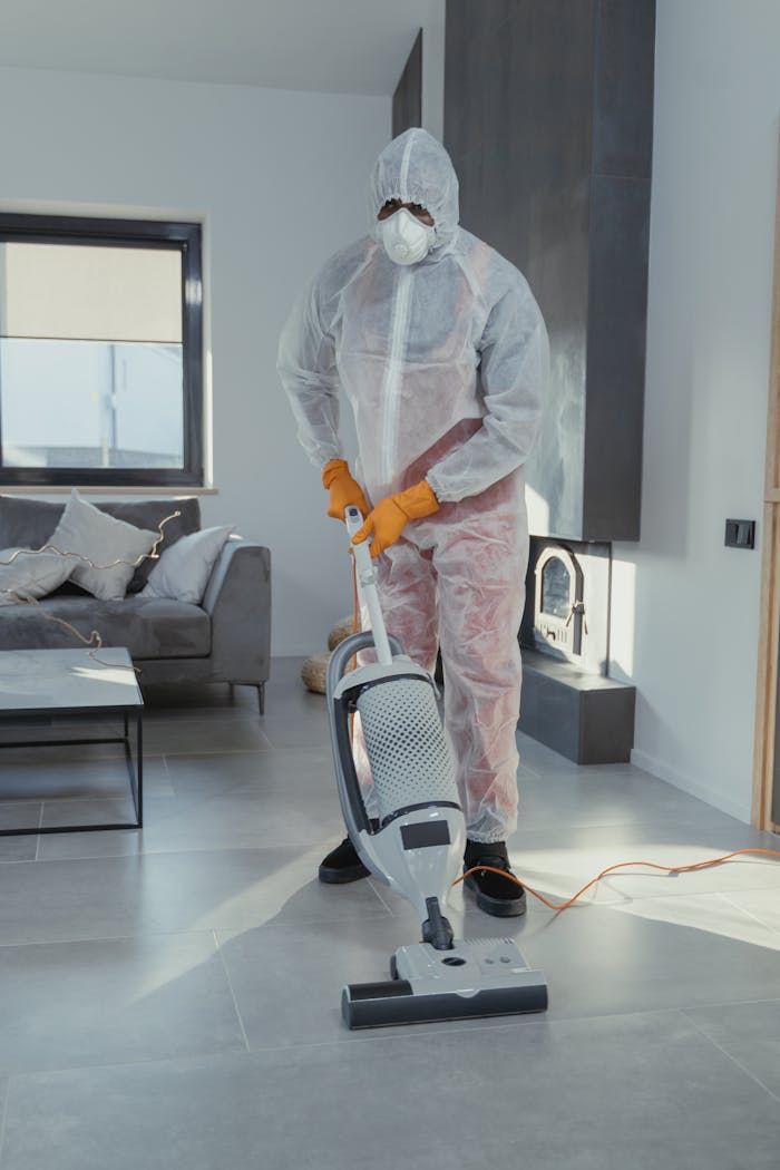 services-01 Cleaner wearing PPE with a vacuum cleaner maintaining hygiene in a modern indoor setting.